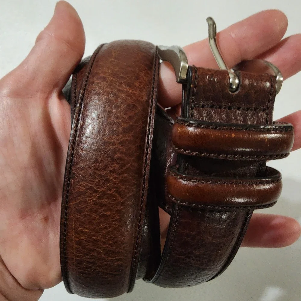 Perry Ellis Mens Brown Pebbled Leather Belt Size 44 Silver Buckle Dress Casual